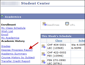Screenshot showing the location of the Degree Progress Report link within the MaineStreet Student Center