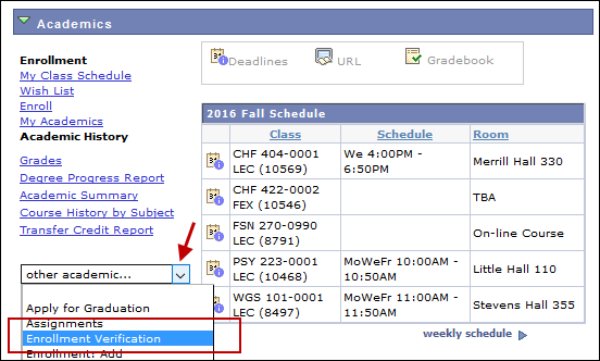 Screenshot of MaineStreet Student Center, showing the Enrollment Verification option in the 'other academic' drop-down menu