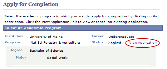 Screenshot to show the location of the View Application option within the application for completion