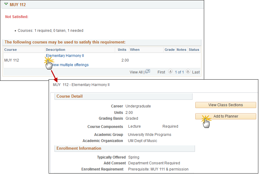 Screenshot showing the location of the course description link and Add to Planner button