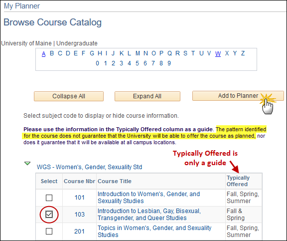 Screenshot showing the Browse Course Catalog screen