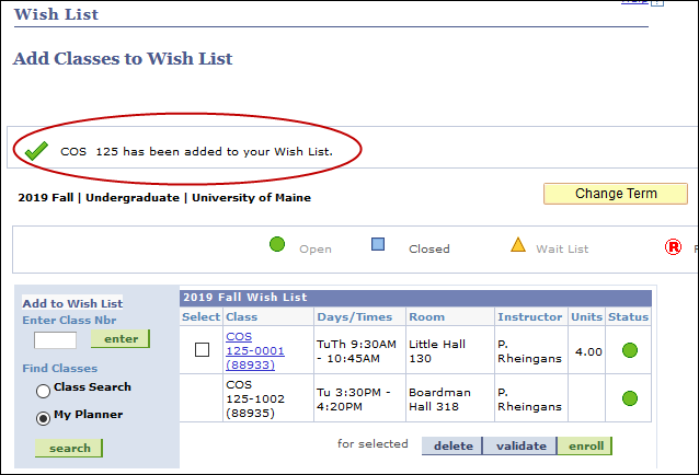 Screenshot showing the confirmation message after adding course sections to the wish list