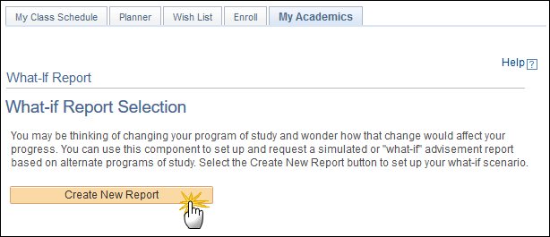 Screenshot showing the Create New Report option in the What-If Report Selection screen