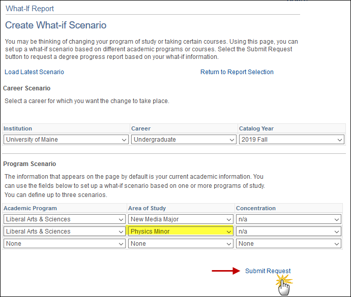 Screenshot showing the what-if scenario for a new media major to add a physics minor