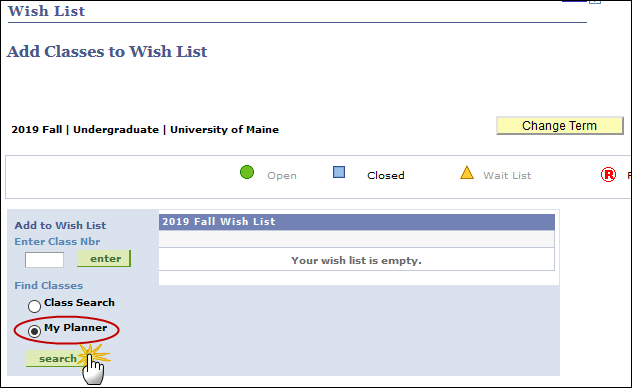Screenshot showing the location of the My Planner option when adding classes to wish list