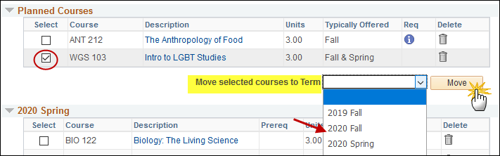 Screenshot showing how to move planned courses to a specific term