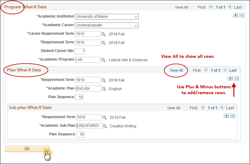 Screenshot point out the various options for creating the what-if report