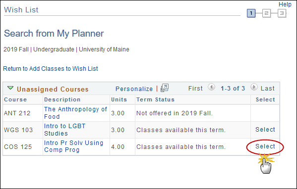 Screenshot showing the Select link next to a course