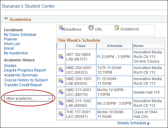 Screenshot of the Classic MaineStreet Student Center showing the location of the other academic drop down menu