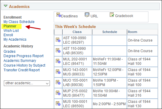 Screenshot showing the location of the Planner link on the Student Center