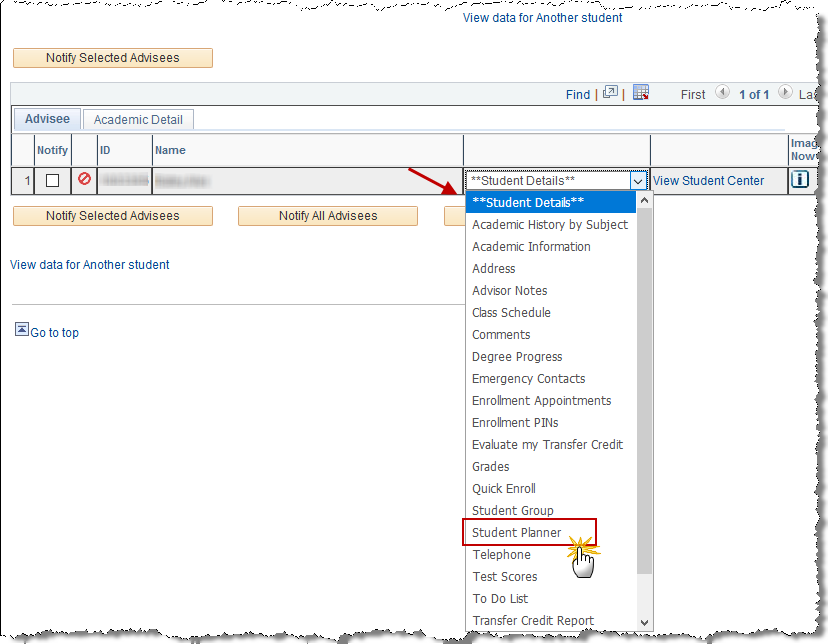 Screenshot showing the location of the Student Planner option within the Student Details drop down menu