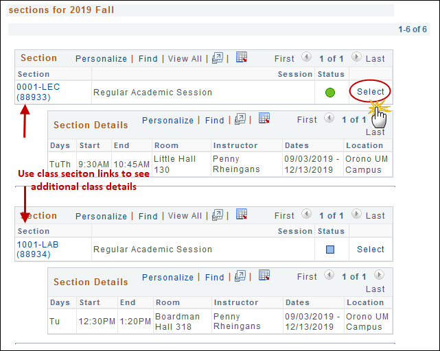 Screenshot showing how to select available course sections