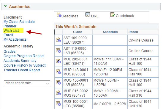 Screenshot showing the location of the Wish List link in the Classic Student Center