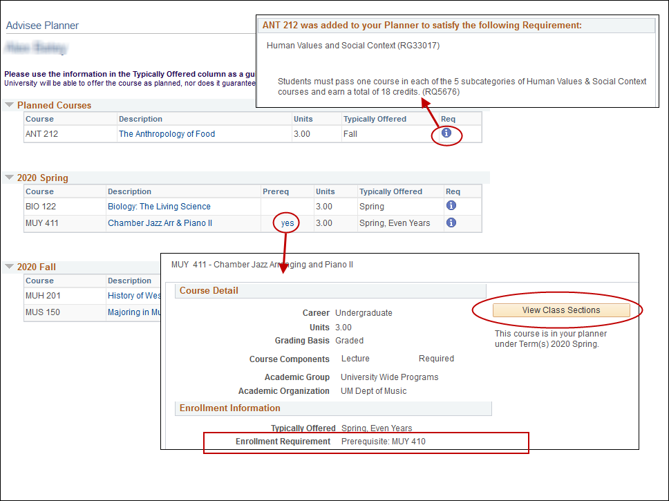 Screenshot showing the various options for selecting courses on the Planner