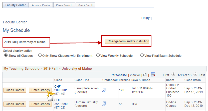 Screenshot from Faculty Center showing the location of the change term and enter grades buttons