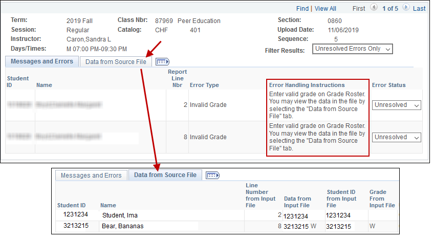 Screenshot showing the location of the data from source file tab