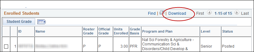 Screenshot showing the location of the download link on the grade roster