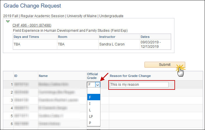 Screenshot showing the location of the Submit button on the grade roster