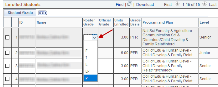 Screenshot showing the list of grade options within the grade roster