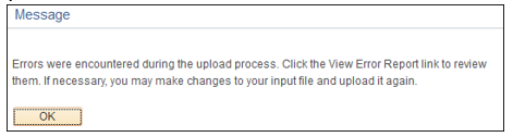 Screenshot showing the error message received during the upload process