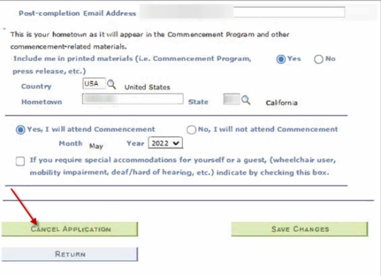 Screenshot showing the location of the Cancel Application button on the application for completion