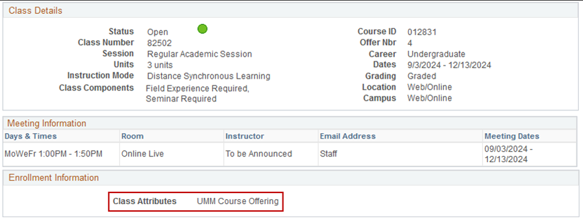 screenshot showing the UMM Course Offering class attribute
