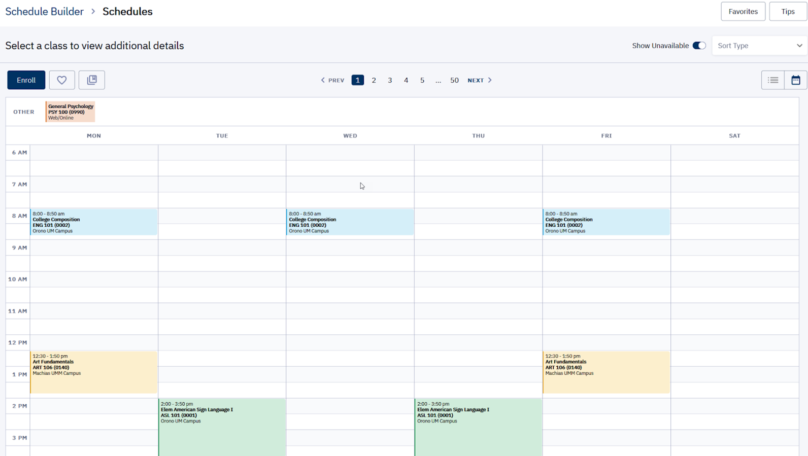 screenshot of the schedule builder view within student center, showing the course locations